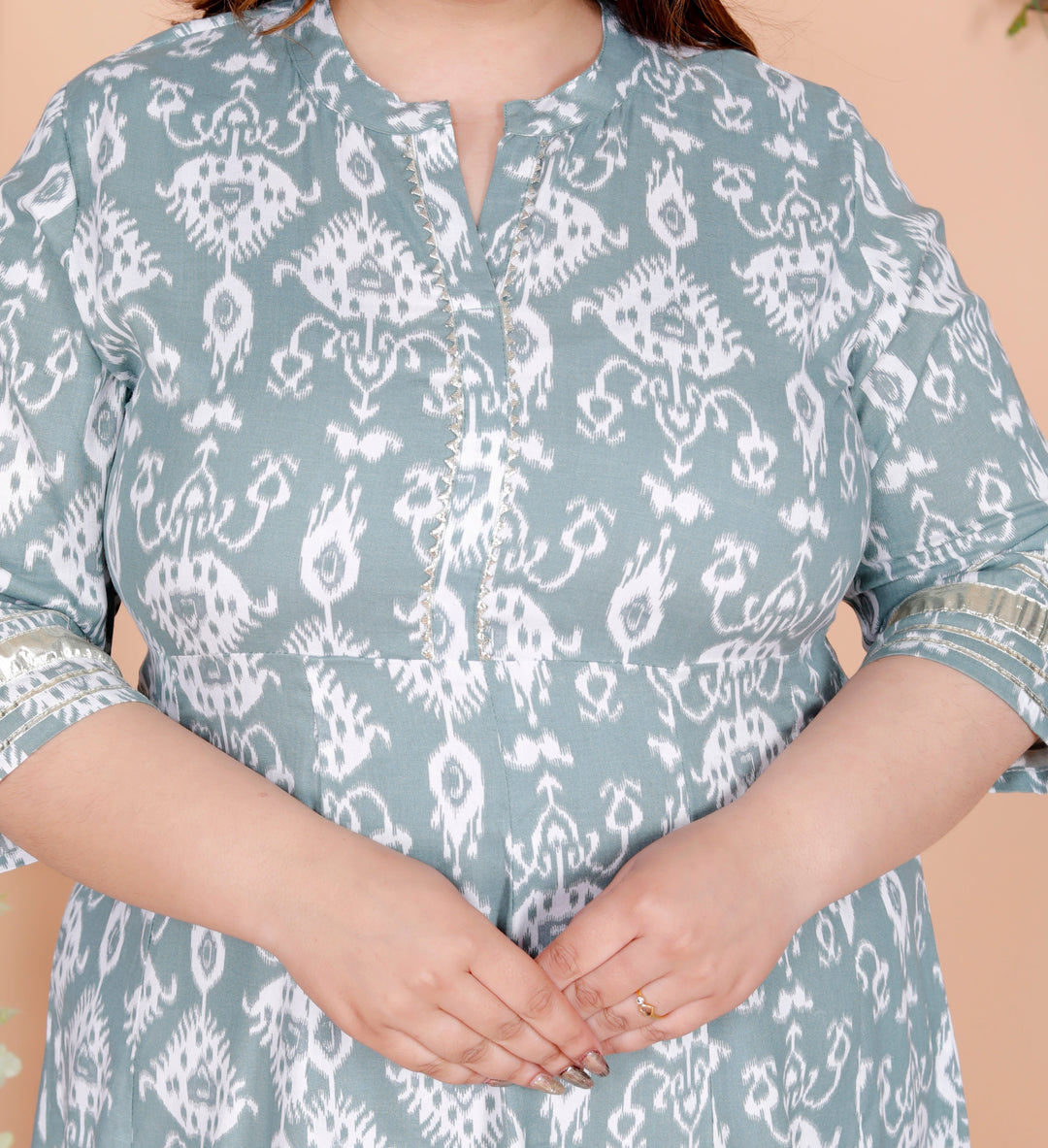 Plus Size Grey Cotton Blend Printed Gown (B30-Grey)