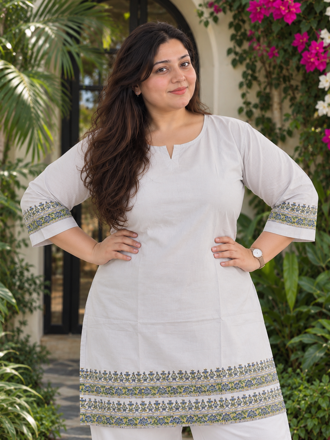 Moonlit Grey Floral Border Roshni Kurta
