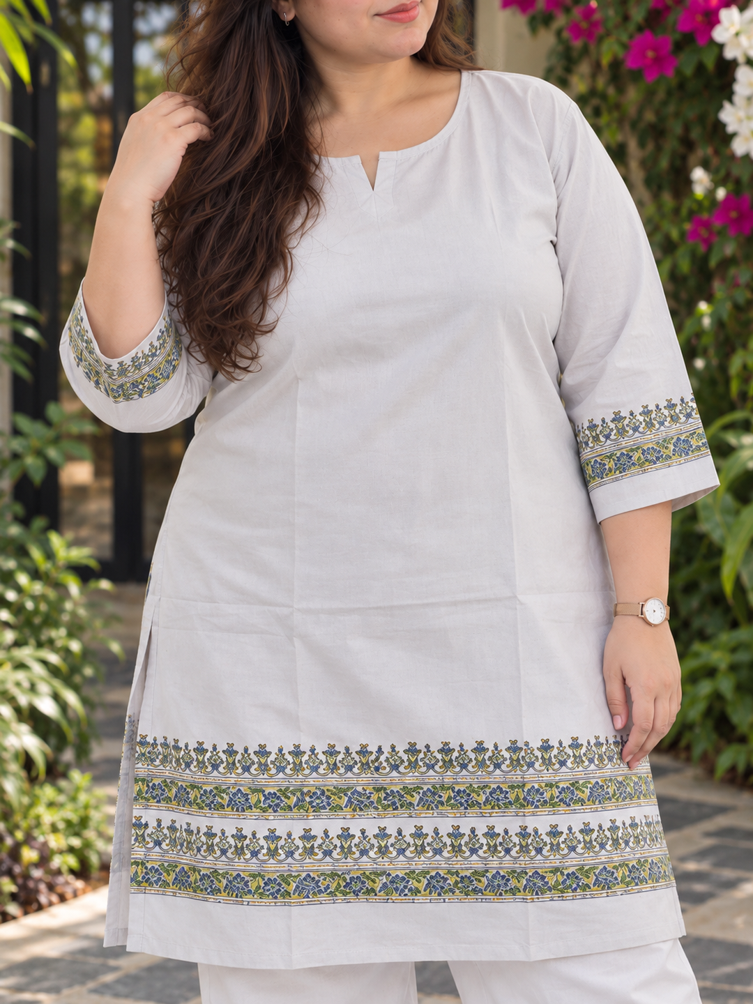 Moonlit Grey Floral Border Roshni Kurta