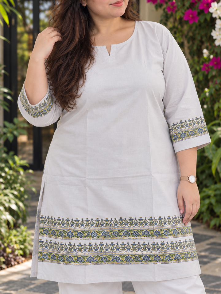 Moonlit Grey Floral Border Roshni Kurta