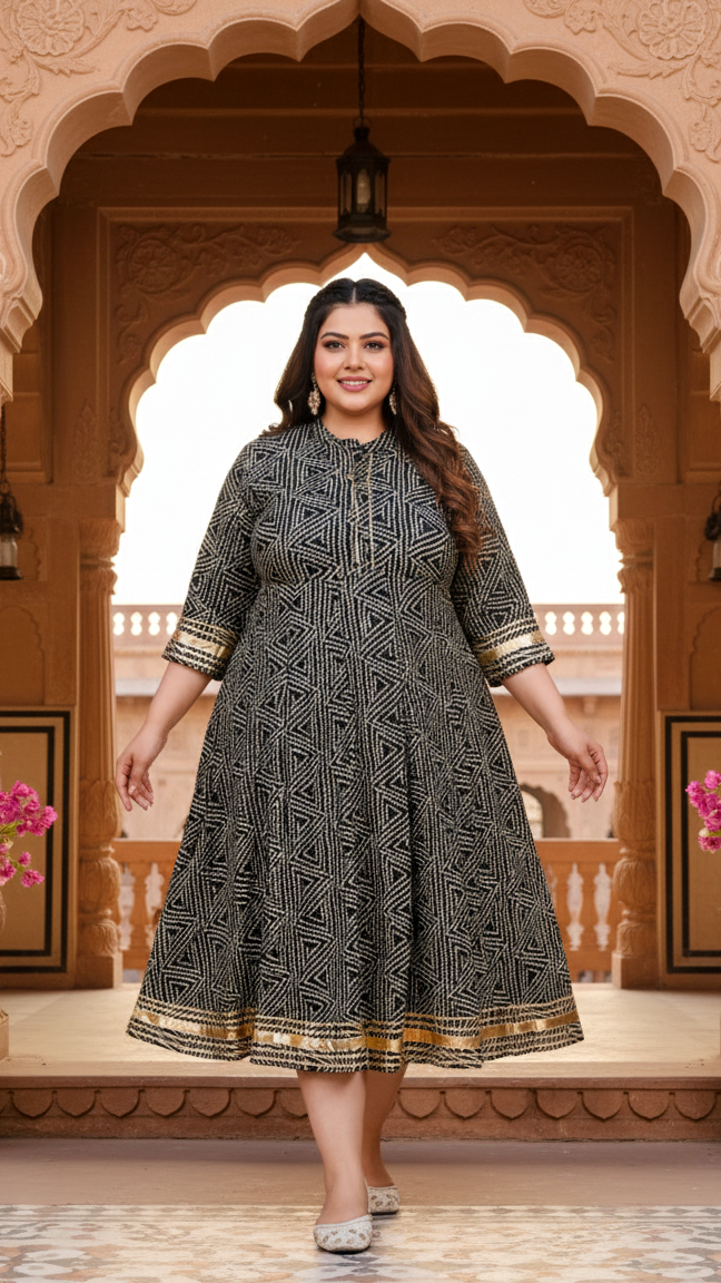Plus Size Black Cotton Blend Bandhani Print Gown (B31-Black)