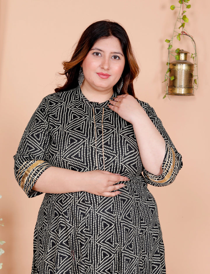 Plus Size Black Cotton Blend Bandhani Print Gown (B31-Black)