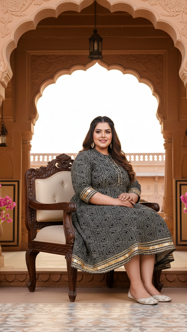 Plus Size Black Cotton Blend Bandhani Print Gown (B31-Black)