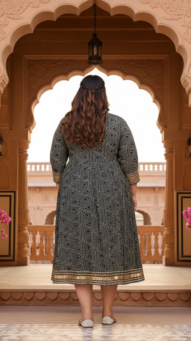 Plus Size Black Cotton Blend Bandhani Print Gown (B31-Black)