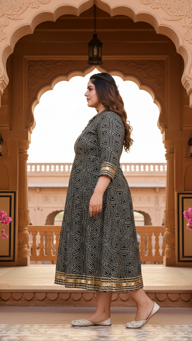 Plus Size Black Cotton Blend Bandhani Print Gown (B31-Black)