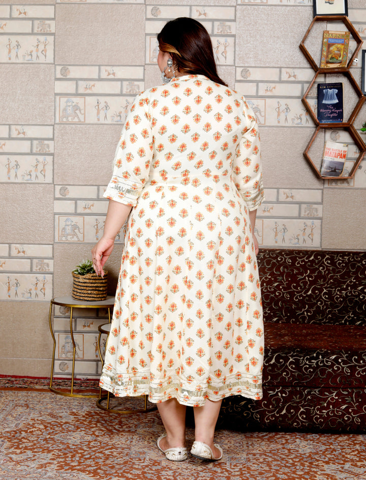 Plus Size White Cotton Blend Floral Print Gown (B32-White)