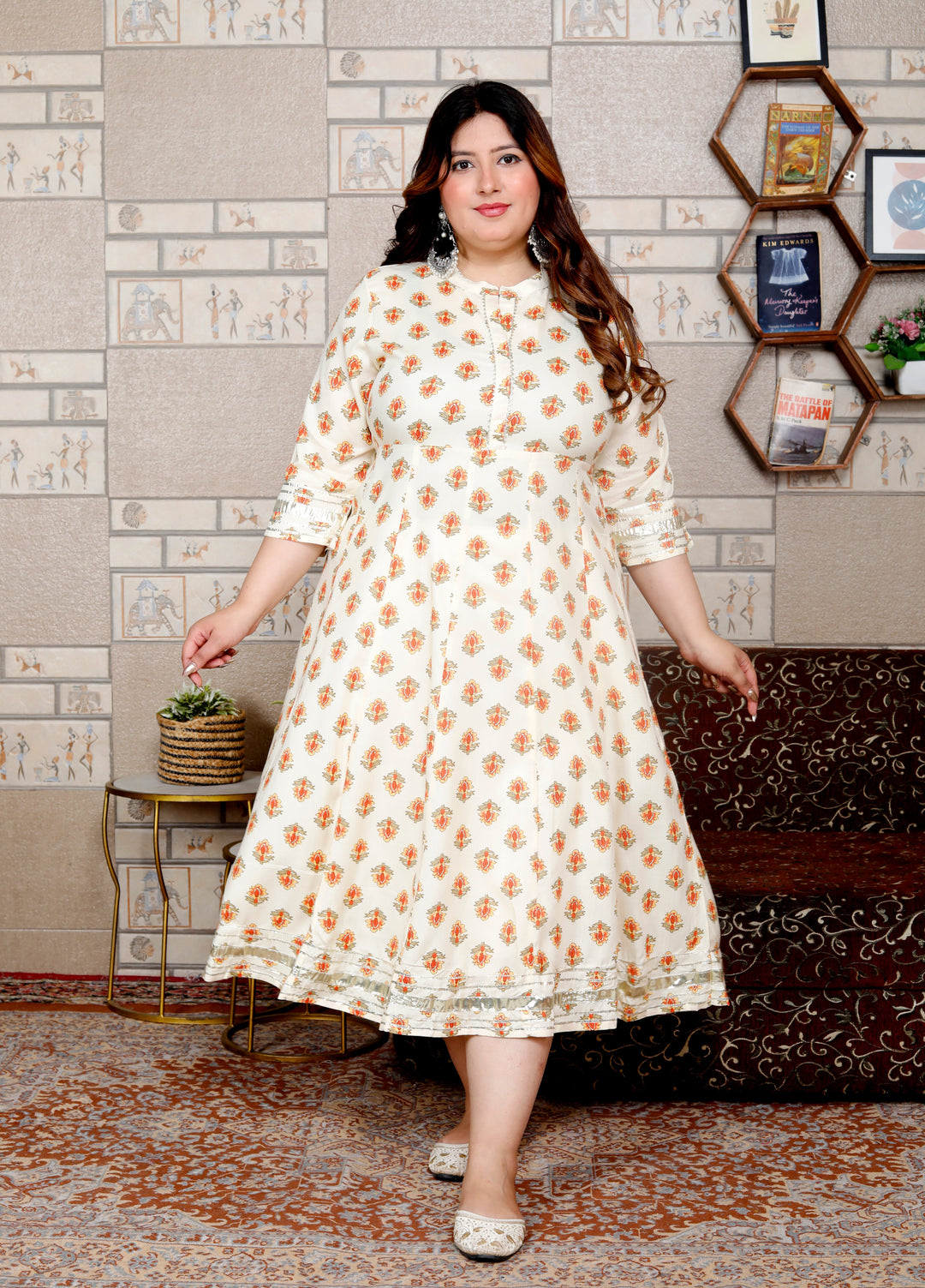 Plus Size White Cotton Blend Floral Print Gown (B32-White)