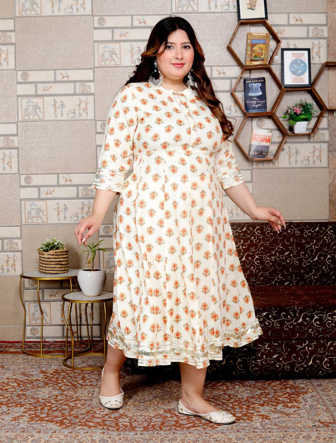Plus Size White Cotton Blend Floral Print Gown (B32-White)