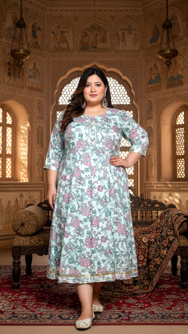 Plus Size Blue Cotton Blend Printed Gown (B34-Blue)