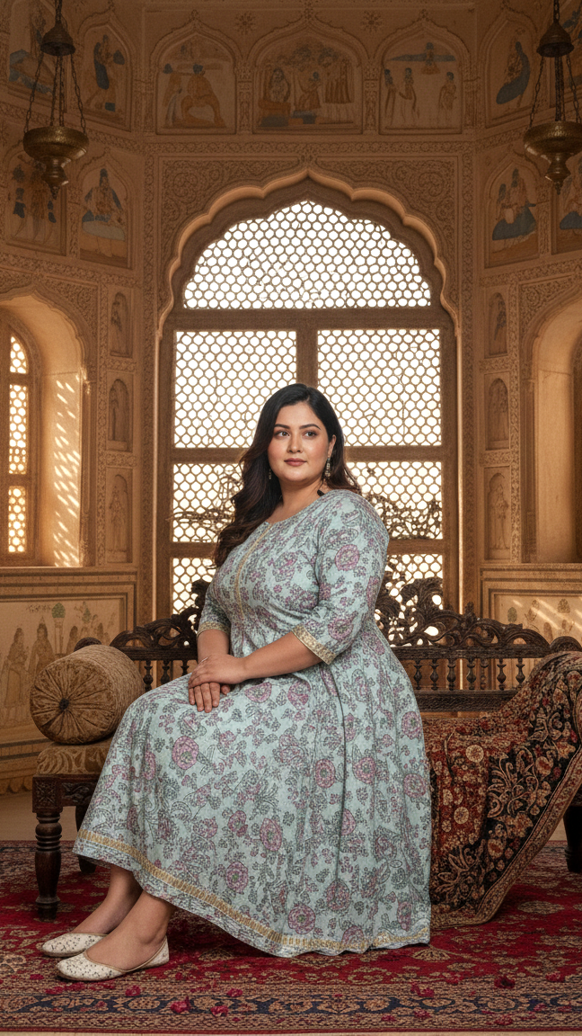 Plus Size Blue Cotton Blend Printed Gown (B34-Blue)