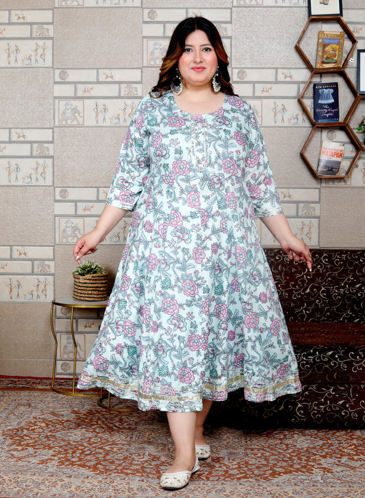 Plus Size Blue Cotton Blend Printed Gown (B34-Blue)