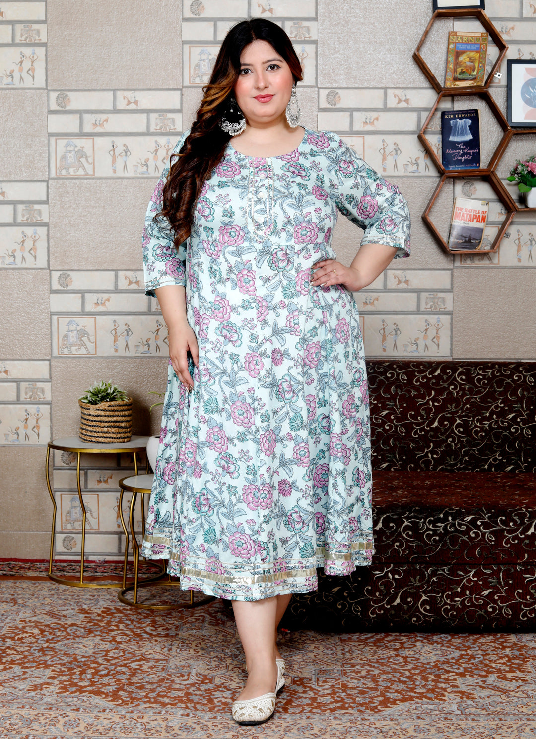 Plus Size Blue Cotton Blend Printed Gown (B34-Blue)