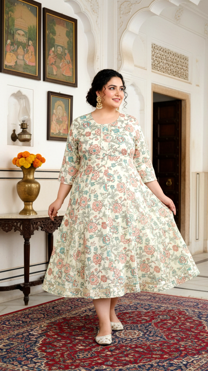 Plus Size Cream Cotton Blend Printed Gown (B34-Cream)