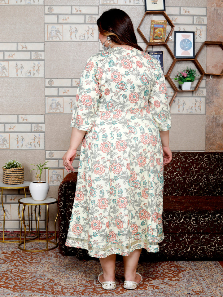 Plus Size Cream Cotton Blend Printed Gown (B34-Cream)