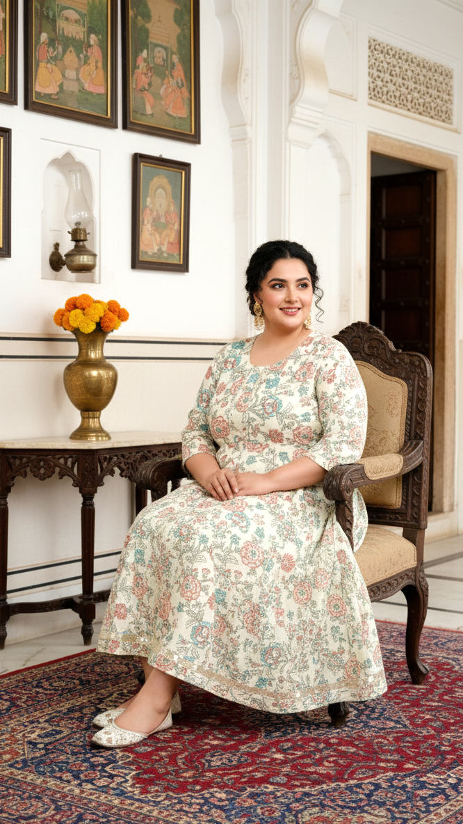 Plus Size Cream Cotton Blend Printed Gown (B34-Cream)