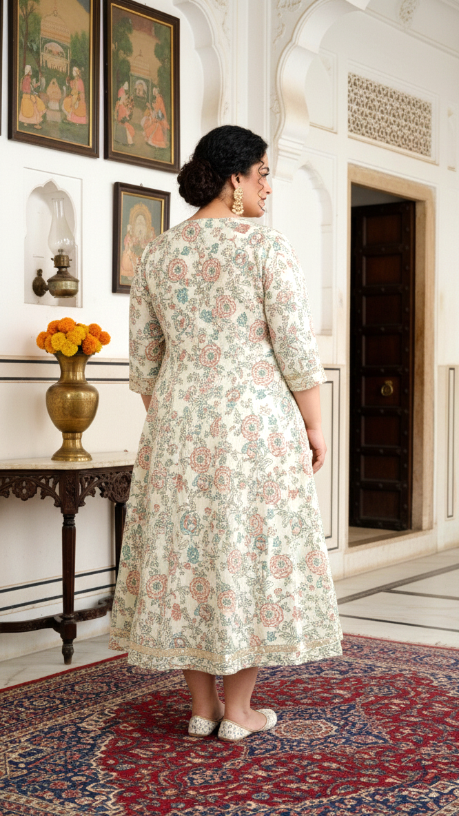 Plus Size Cream Cotton Blend Printed Gown (B34-Cream)