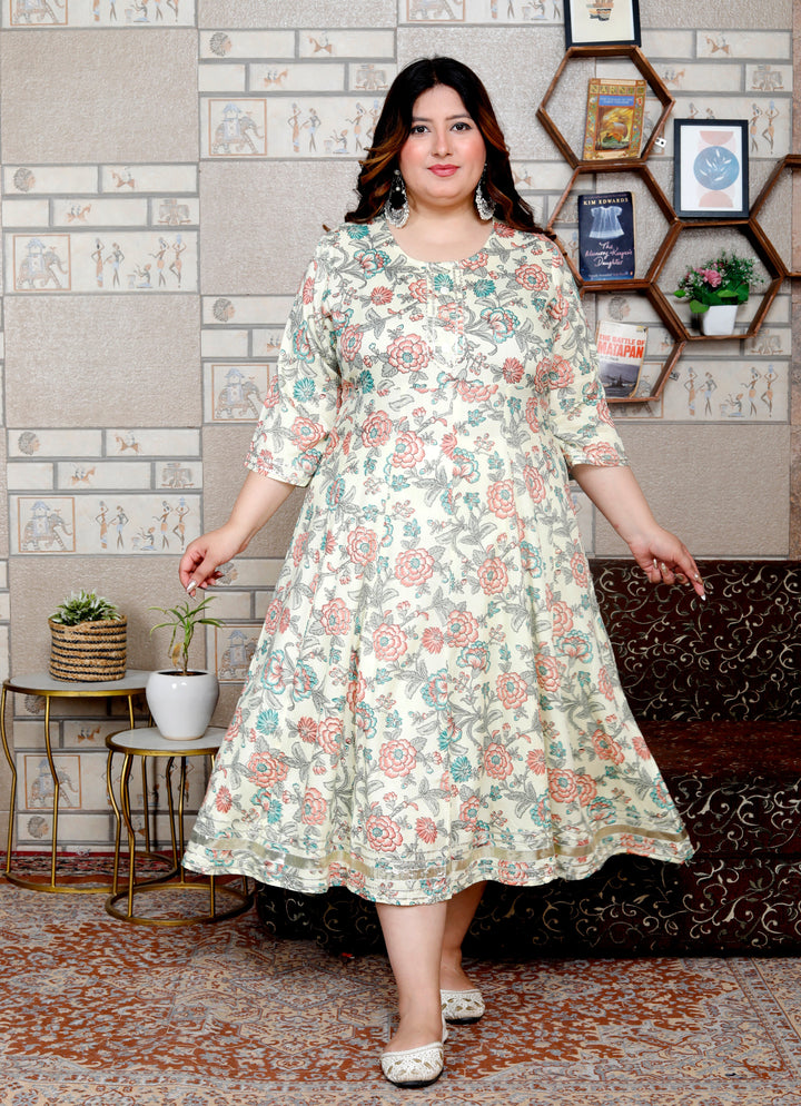 Plus Size Cream Cotton Blend Printed Gown (B34-Cream)