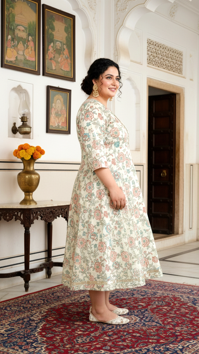 Plus Size Cream Cotton Blend Printed Gown (B34-Cream)