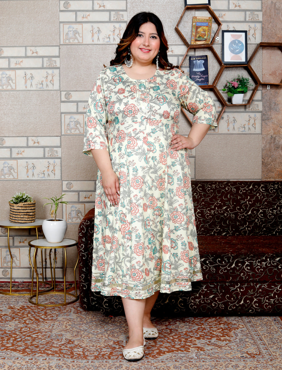 Plus Size Cream Cotton Blend Printed Gown (B34-Cream)