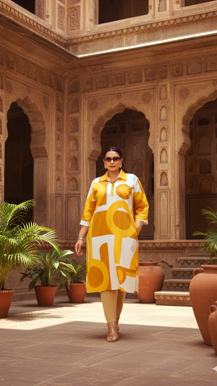 Women's Plus Size Printed A-Line Kurti – Black & Beige Abstract Design | 3/4th Sleeve