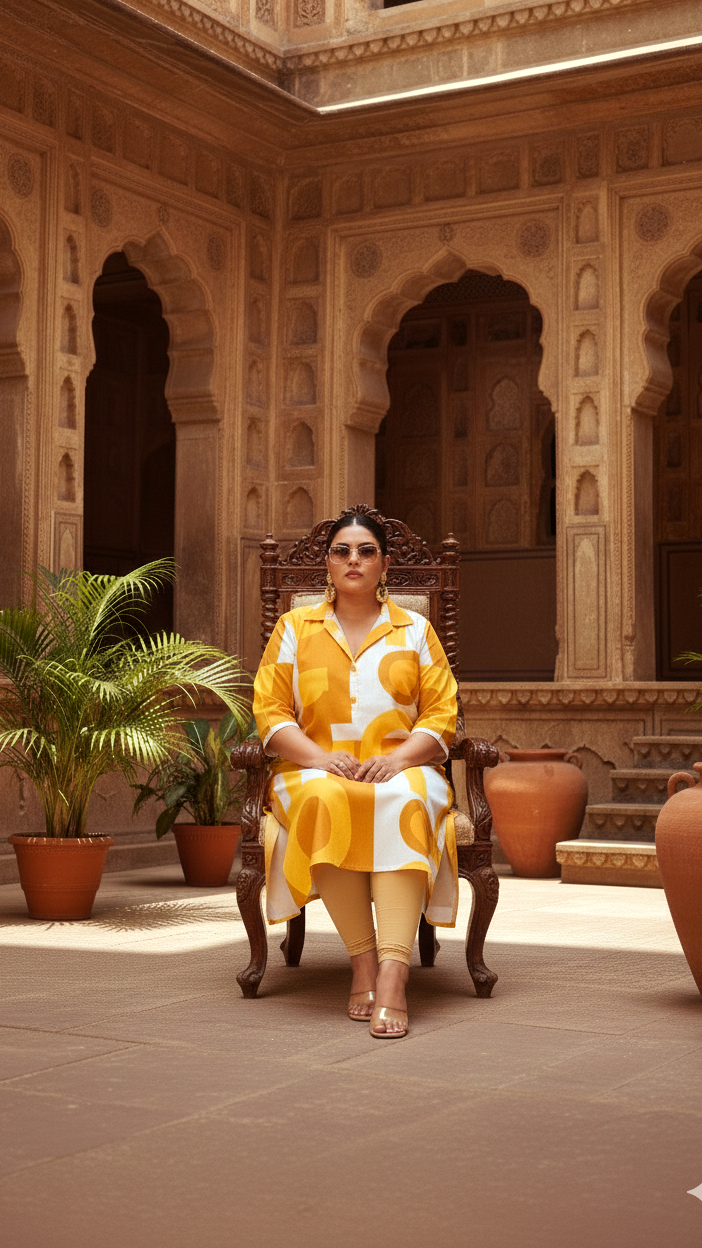 Women's Plus Size Printed A-Line Kurti – Black & Beige Abstract Design | 3/4th Sleeve