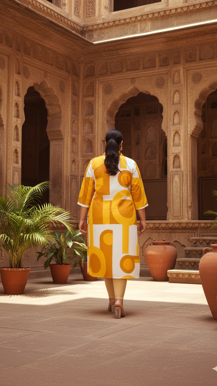 Women's Plus Size Printed A-Line Kurti – Black & Beige Abstract Design | 3/4th Sleeve