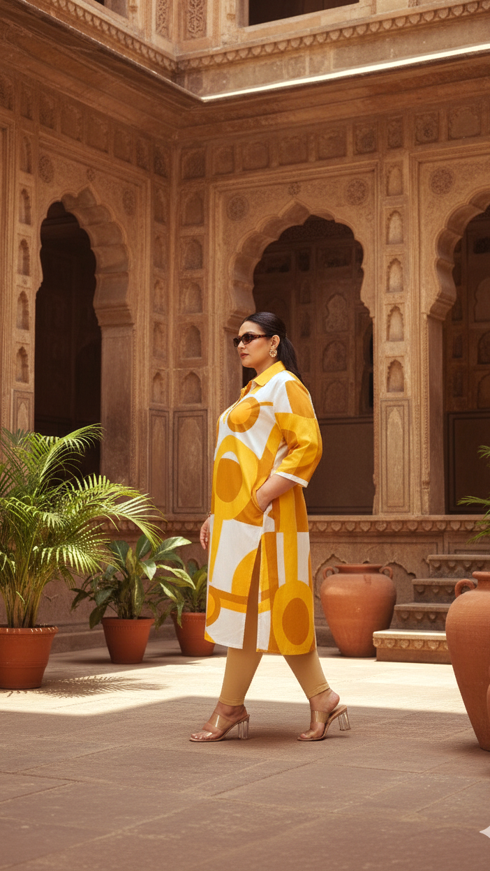 Women's Plus Size Printed A-Line Kurti – Black & Beige Abstract Design | 3/4th Sleeve