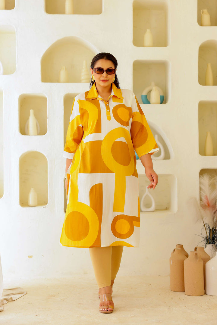 Women's Plus Size Printed A-Line Kurti – Black & Beige Abstract Design | 3/4th Sleeve