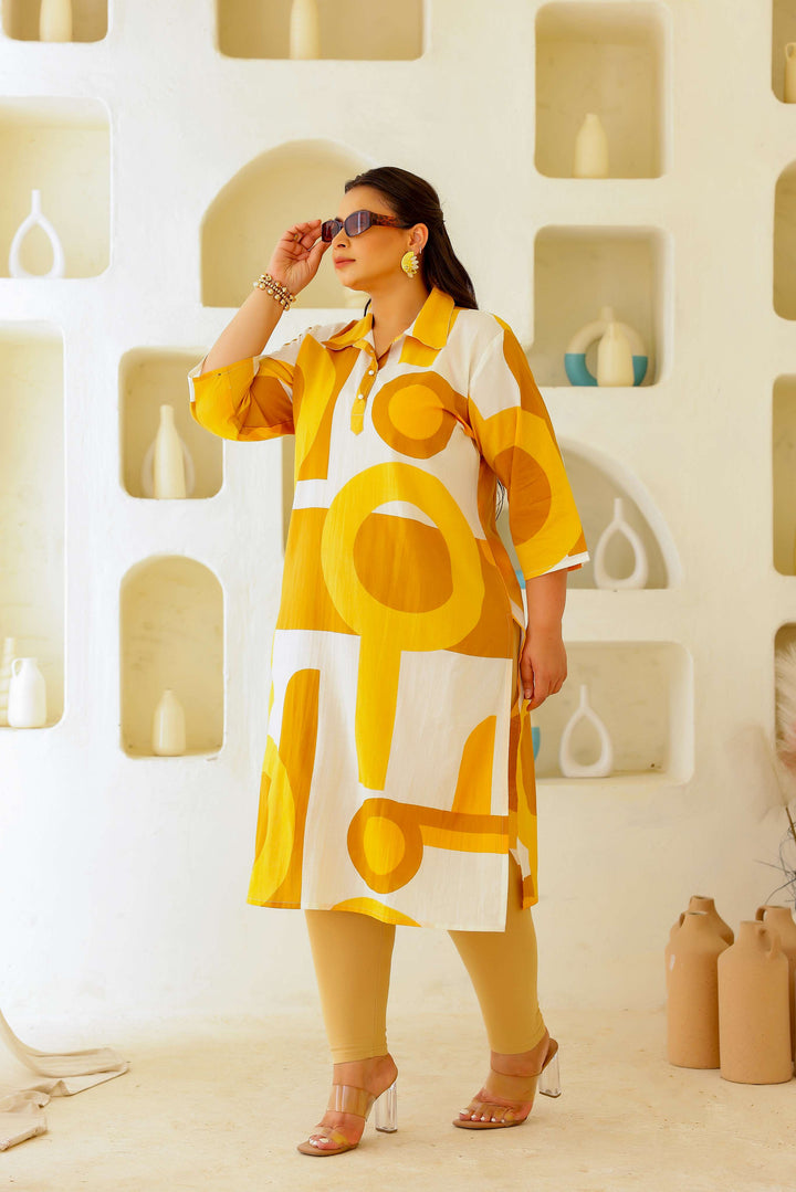 Women's Plus Size Printed A-Line Kurti – Black & Beige Abstract Design | 3/4th Sleeve