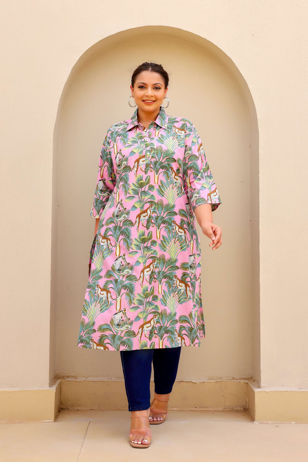 Trendy Plus Size Pink Jungle Print Kurti for Women – Comfortable & Stylish