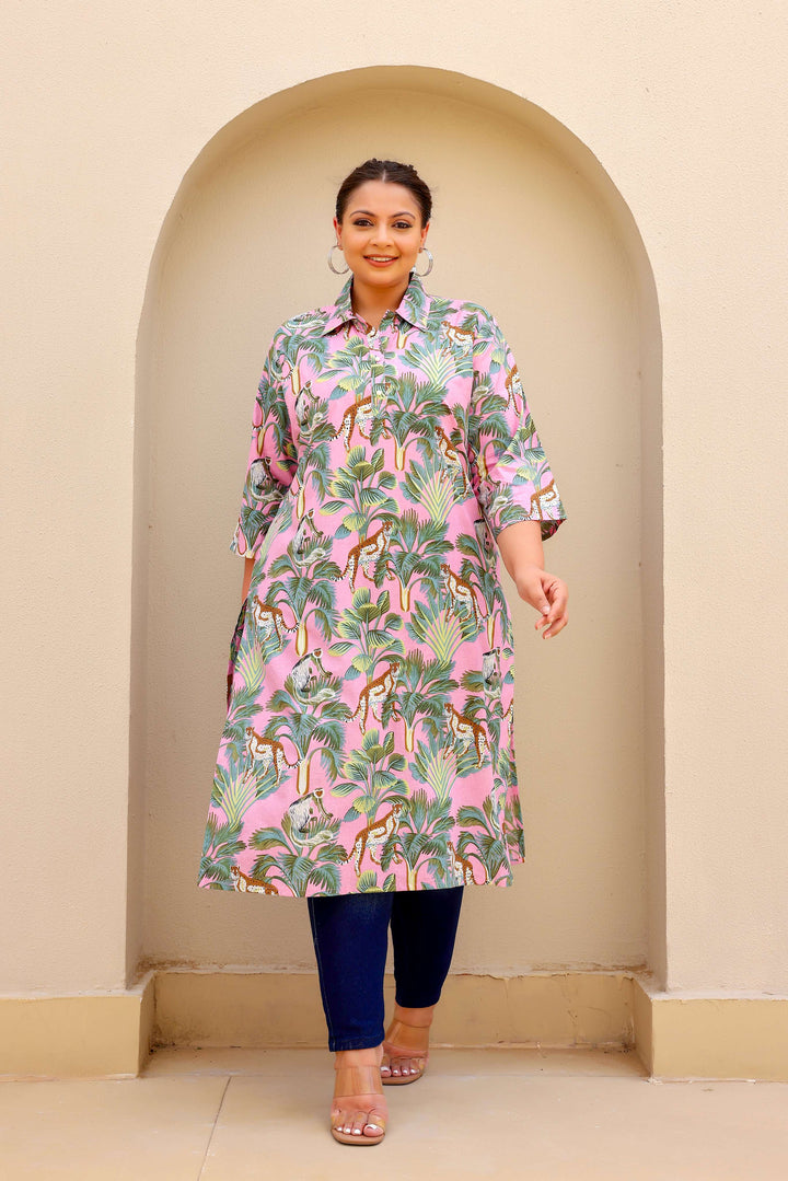 Trendy Plus Size Pink Jungle Print Kurti for Women – Comfortable & Stylish