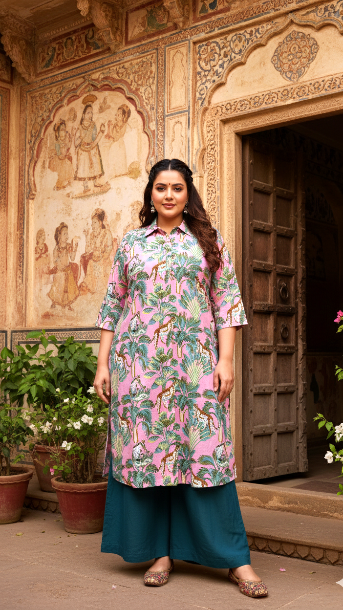 Trendy Plus Size Pink Jungle Print Kurti for Women – Comfortable & Stylish