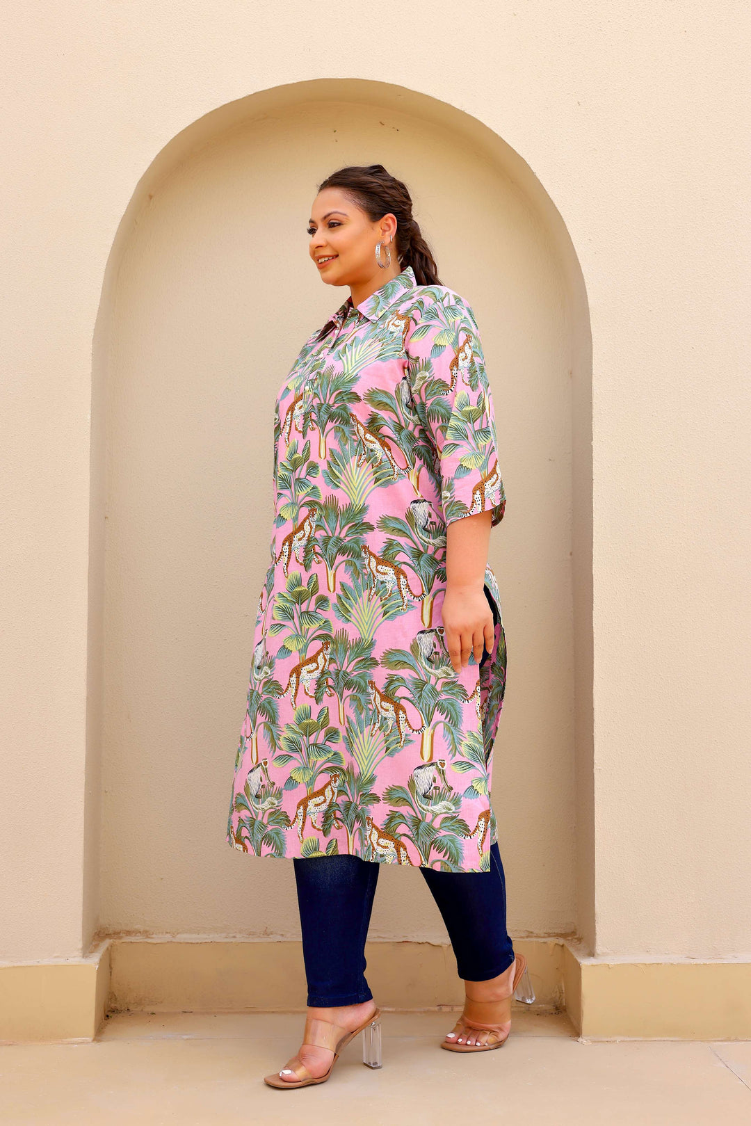 Trendy Plus Size Pink Jungle Print Kurti for Women – Comfortable & Stylish