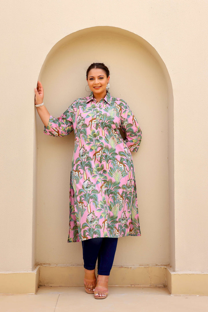 Trendy Plus Size Pink Jungle Print Kurti for Women – Comfortable & Stylish