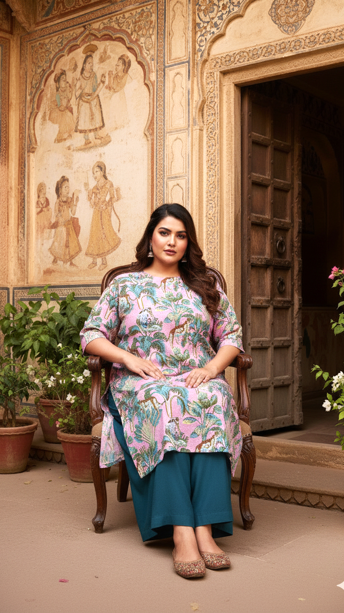 Trendy Plus Size Pink Jungle Print Kurti for Women – Comfortable & Stylish