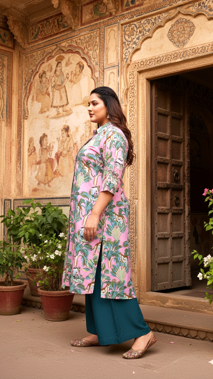 Trendy Plus Size Pink Jungle Print Kurti for Women – Comfortable & Stylish