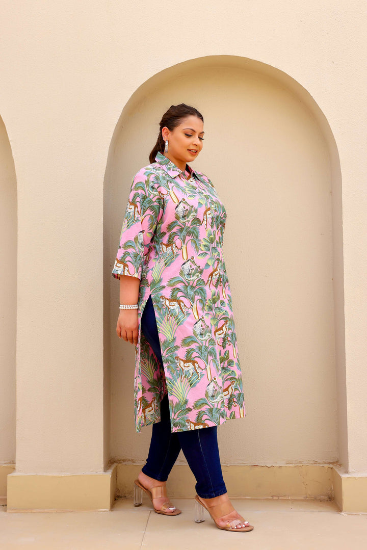 Trendy Plus Size Pink Jungle Print Kurti for Women – Comfortable & Stylish
