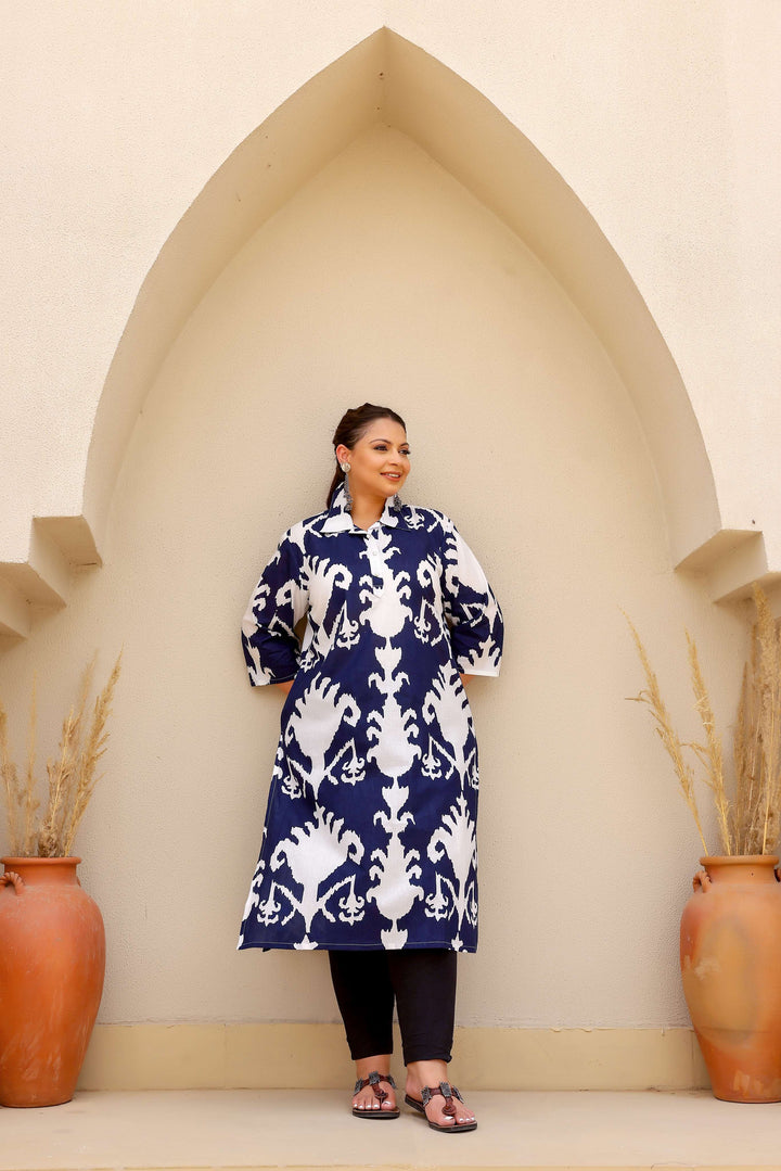 Elegant Plus Size Blue & White Ikat Print Kurti – Classic Comfort for Everyday Style
