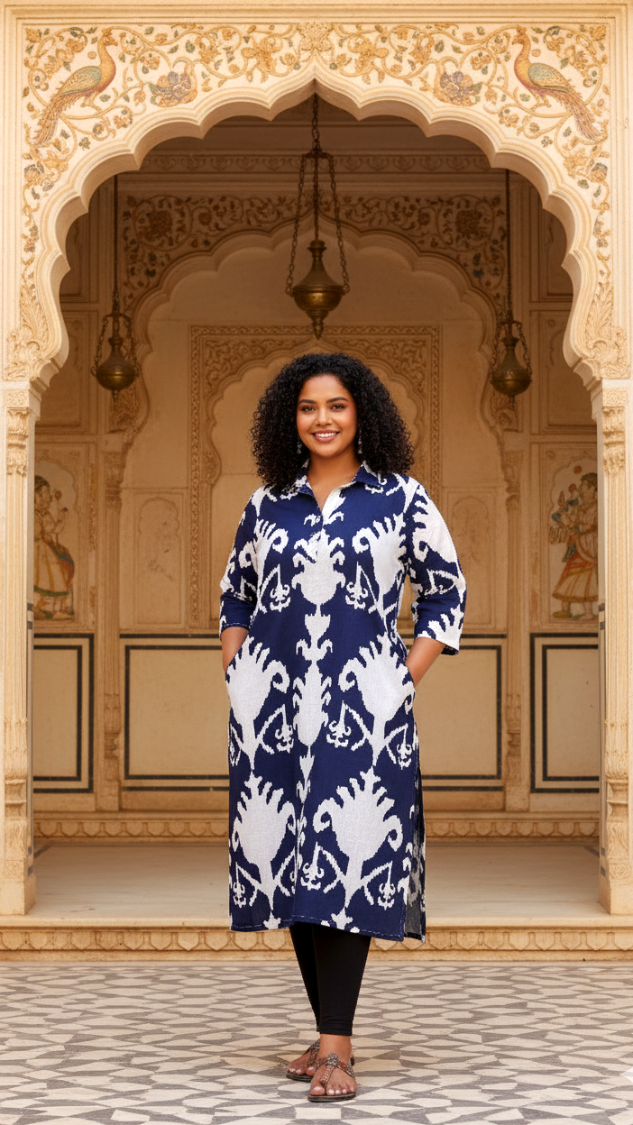 Elegant Plus Size Blue & White Ikat Print Kurti – Classic Comfort for Everyday Style