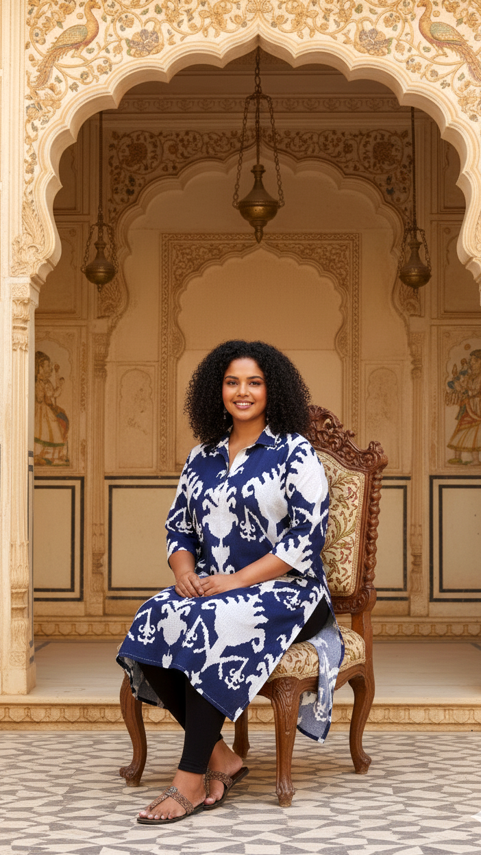 Elegant Plus Size Blue & White Ikat Print Kurti – Classic Comfort for Everyday Style