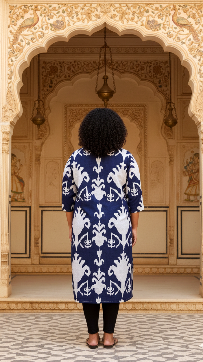 Elegant Plus Size Blue & White Ikat Print Kurti – Classic Comfort for Everyday Style