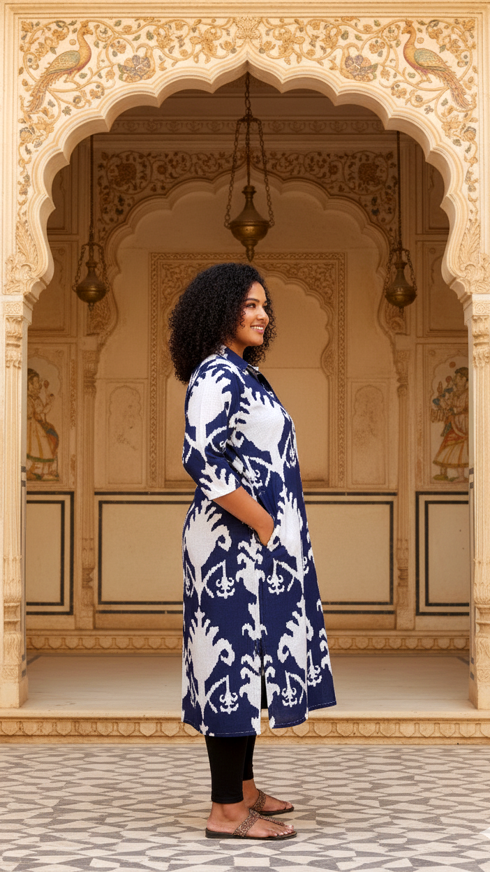 Elegant Plus Size Blue & White Ikat Print Kurti – Classic Comfort for Everyday Style