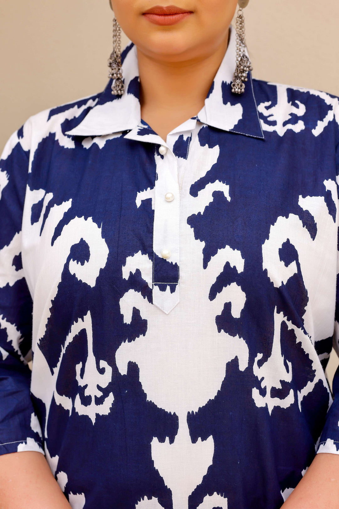 Elegant Plus Size Blue & White Ikat Print Kurti – Classic Comfort for Everyday Style