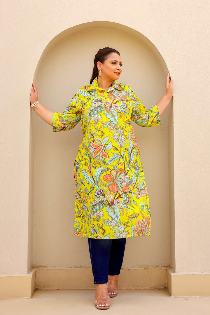 Vibrant Yellow Floral Print Plus Size Kurti – Bright & Breezy Everyday Wear