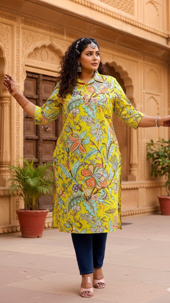 Vibrant Yellow Floral Print Plus Size Kurti – Bright & Breezy Everyday Wear