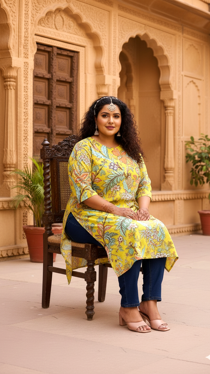 Vibrant Yellow Floral Print Plus Size Kurti – Bright & Breezy Everyday Wear