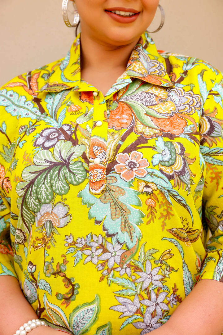 Vibrant Yellow Floral Print Plus Size Kurti – Bright & Breezy Everyday Wear