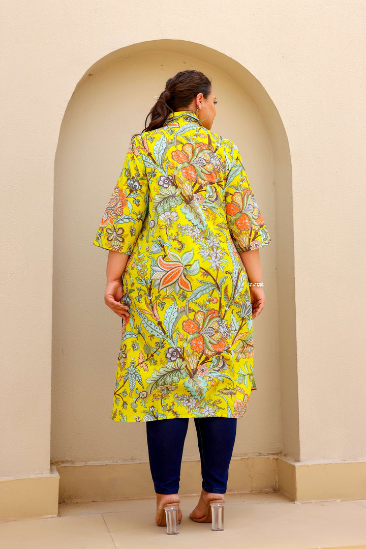 Vibrant Yellow Floral Print Plus Size Kurti – Bright & Breezy Everyday Wear