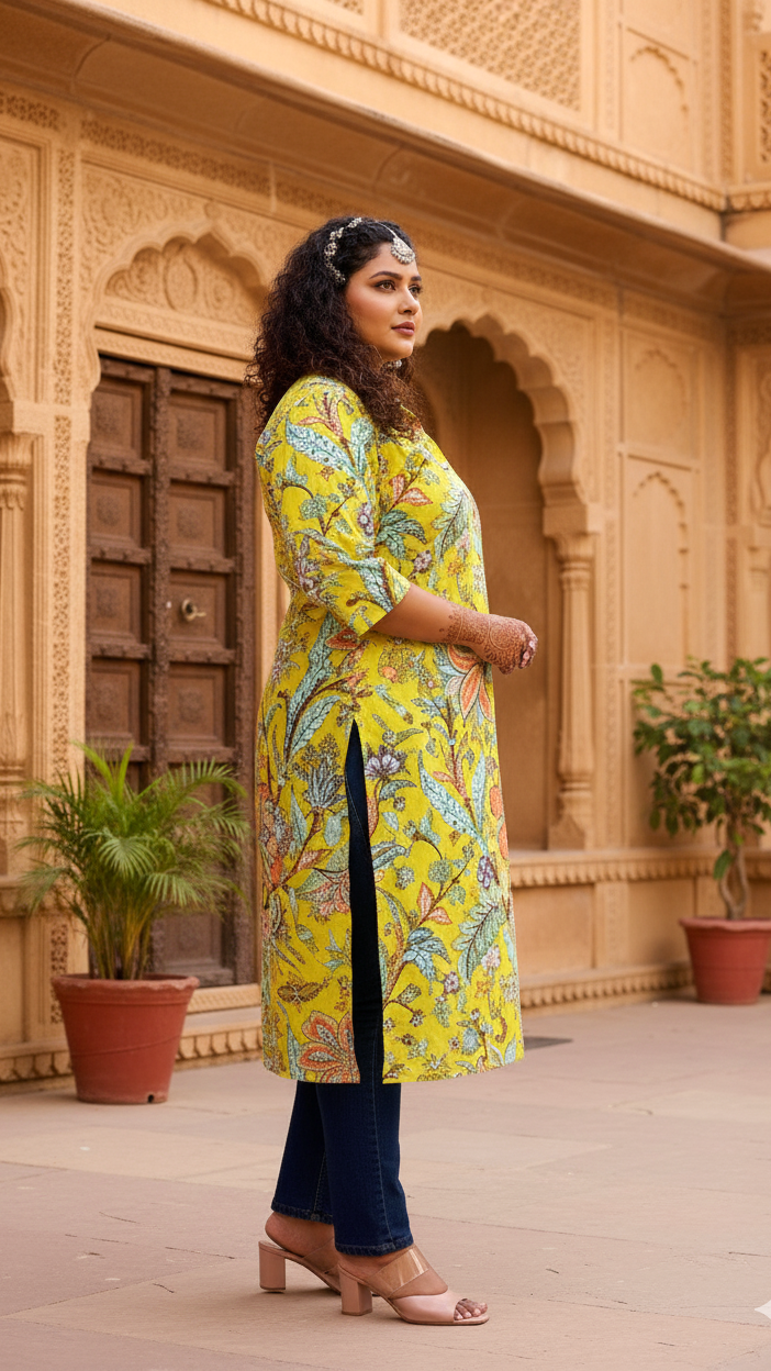 Vibrant Yellow Floral Print Plus Size Kurti – Bright & Breezy Everyday Wear