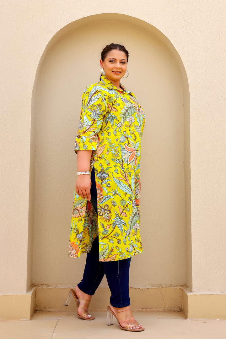 Vibrant Yellow Floral Print Plus Size Kurti – Bright & Breezy Everyday Wear